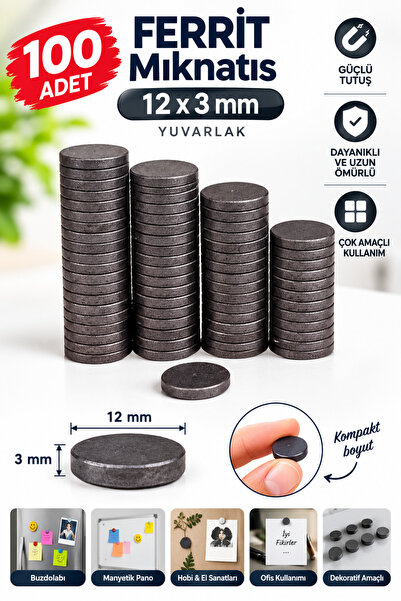 Dünya Magnet 100 Adet 12x3 mm Yuvarlak Ferrit Mıknatıs Çok Amaçlı Süsleme Mag...