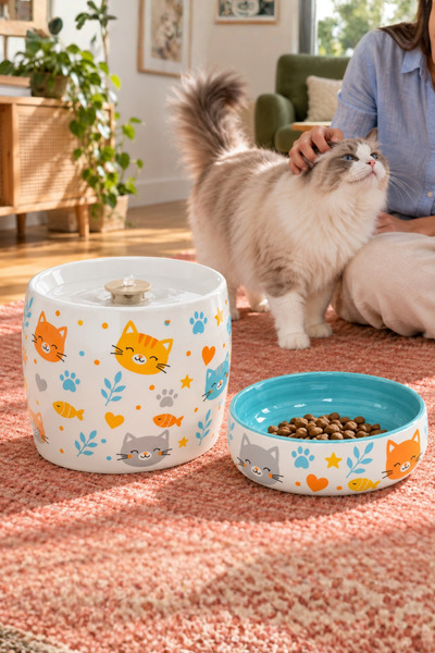 Pawicci Kedi Köpek Su Pınarı ve Mama Su Kabı 2'li Set Porselen Otomatik Filtr...