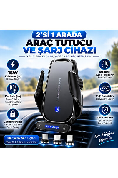 Winex Mobile Winex Q9 15W Sensörlü Araç İçi Kablosuz Hızlı Şarj Aleti ve Tele...