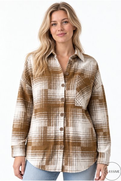 Cassime Women's Beige Ecru Cashmere Thick Plaid Lumberjack Shirt - Thin Jacket