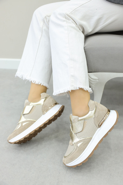 FAST STEP Hakiki Deri Bej Altın Kadın Casual Ayakkabı 757ZA24048