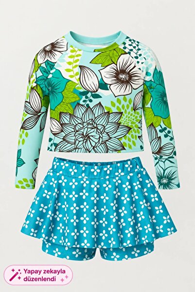 My Kids Wear ملابس سباحة منقوشة للفتيات مع تفاصيل تنورة 3-10 سنوات 11916