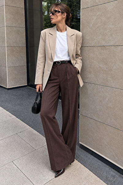 Madmext Brown High Waist Pleated Belted Wide Leg Women's Pants Mg2615