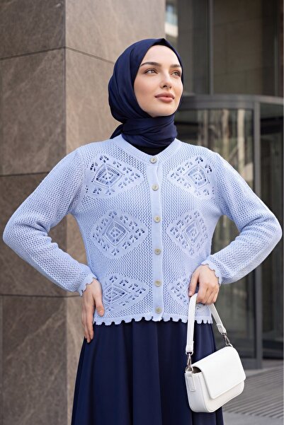 Modamorfo Geometric Patterned Openwork Buttoned Knitwear Cardigan - Baby Blue