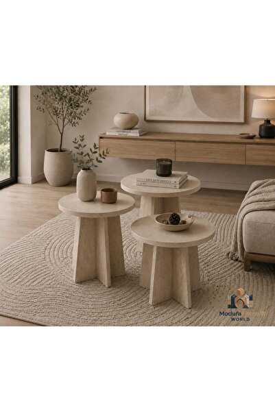 Modura Home 3 lü Zigon sehpa Mantar Sehpa Traverten Desen Orta Yan Sehpa