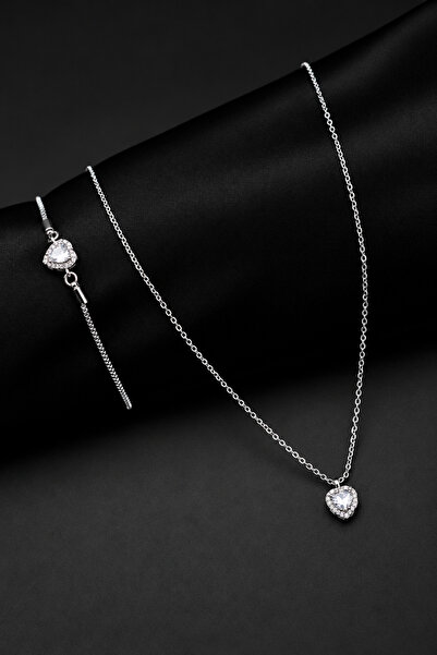 TREND COLLECTİON Zirkon Taşlı Kalp Charm Model Gümüş Renk Kadın Kolye Ve Bile...