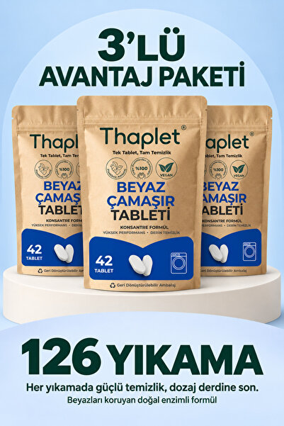 Thaplet Doğal Enzim İçerikli Beyaz Çamaşır Deterjanı Tableti 126 Adet