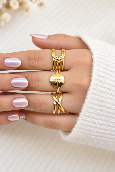 THE Steel Elegant 3-Piece Steel Women's Ring Set Gold Color Adjustable