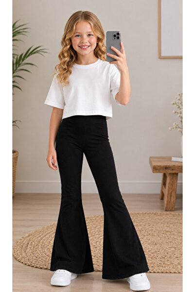 VODEXA Crne leggins za devojčice sa zvonastim nogavicama – Elastična tkanina,...