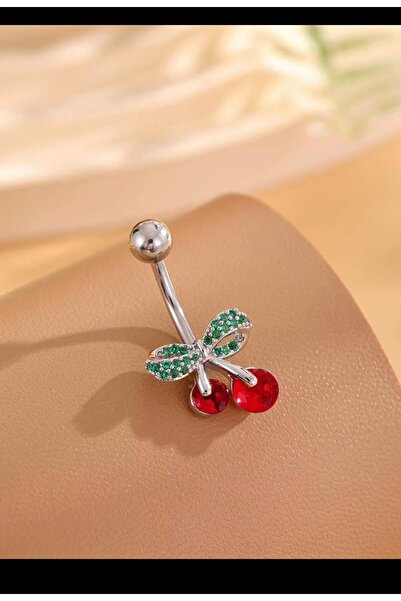 Arescollection CERRAHİ ÇELİK ZİRKON TAŞLI  KİRAZ MODEL GÜMÜŞ RENK GÖBEK PİERC...
