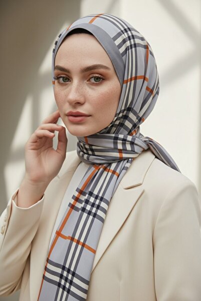 Vissona Krep Şal 75x195 Gri Ekose Desenli Kırışmaz Kadın Şal