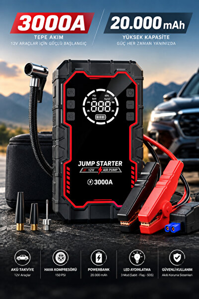 Need ND-L088 3000A Akü Takviye Cihazı 4’ü 1 Arada – 20.000 mAh Kompresörlü Ju...