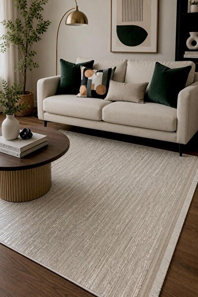LEİVA HOME Saten Bambu Simli Parlak Kaymaz Tabanlı Özel Ölçü Yolluk Halı Krem...