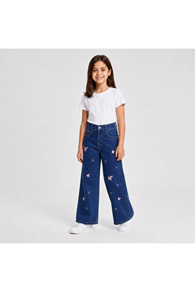 rony pony kids Girl's Bow Embroidered Palazzo Jeans – High Waist Wide Leg Jeans