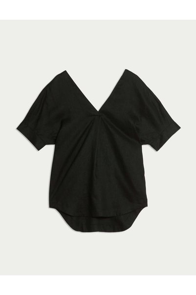 Marks & Spencer Saf Keten V Yakalı Relaxed Popover Bluz