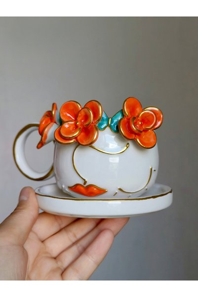 KOTYORA Orange Stinky Girl Handmade Gift Ceramic Double Coffee Cup