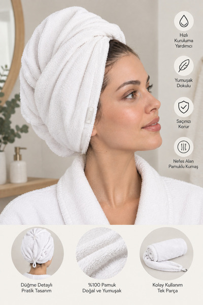 DENIZAY Beyaz Cotton | %100 Pamuklu | Saç Kurutma Bonesi / Saç Kurutma Havlusu