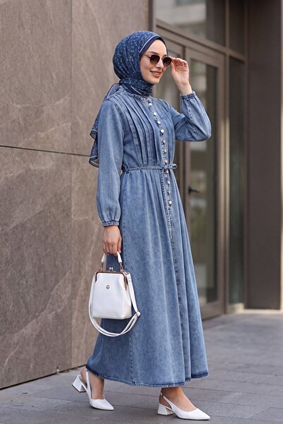 Modamorfo Elastic Sleeves, Lace-Up Waist, Half Buttoned Denim Dress - Ice Blue