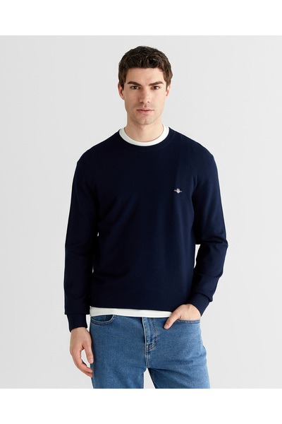 Gant Erkek Lacivert Standart Fit Bisiklet Yaka Triko