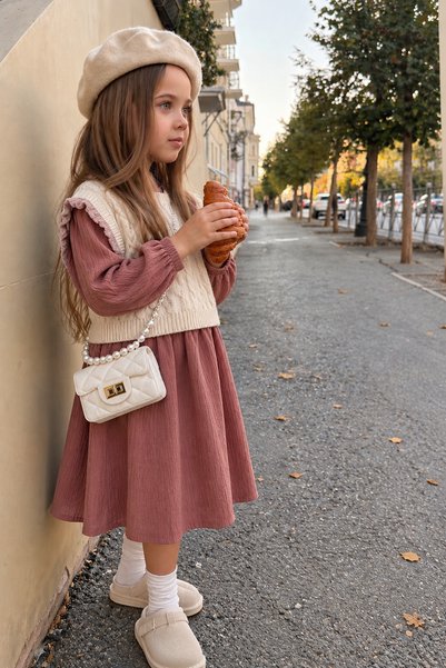 Minigimin Cicileri Miniğimin Cicileri Knitted Sweater Girls' Linen Dress - Dusty Rose