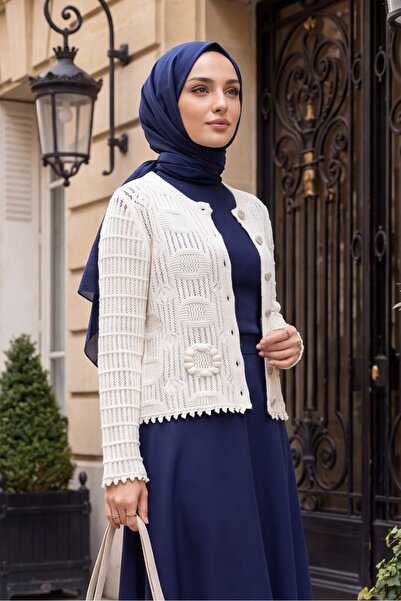 Modamorfo Oval Pattern Openwork Buttoned Knitwear Cardigan -Ecru