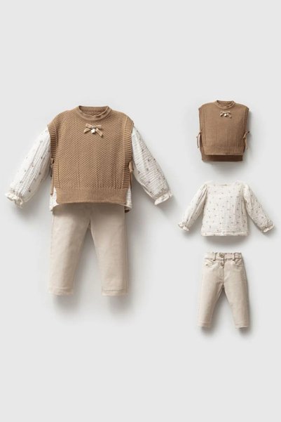 Minigimin Cicileri My Little Baby's Pimples Knitwear Vest Detailed 3-Piece Baby Girl Set - Cream