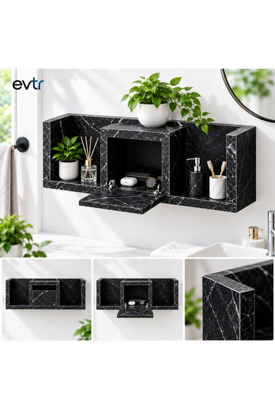 EVİMİST Lüks Siyah Mermer Desenli Tasarım Duvar Rafı / Modern Kitaplık ve Aks...