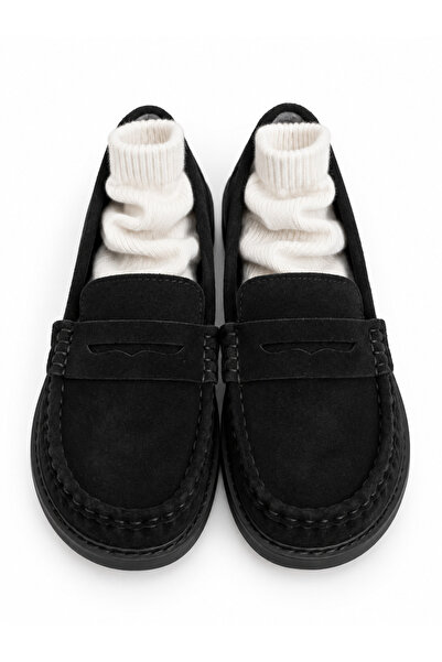 diclepolat Women's Black Suede Loafer Shoes Daily Classic Loafers Rina