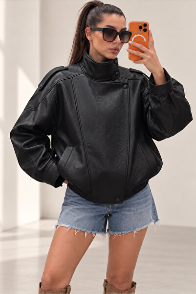 Trendsensin Lorven Oversize Siyah Viral Kadın Deri Ceket