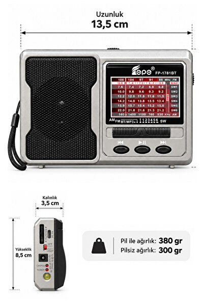 BAYINDIRELEKTRONİK Cep Radyosu Deprem Çantasına Uygun Taşınabilir Radyolu Bluetoothlu Şarjlı Cep Radyosu + El Feneri