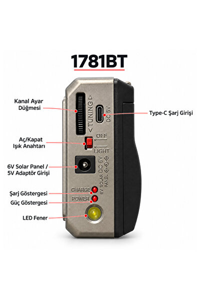 BAYINDIRELEKTRONİK Cep Radyosu Deprem Çantasına Uygun Taşınabilir Radyolu Bluetoothlu Şarjlı Cep Radyosu + El Feneri