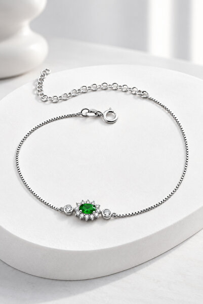 jelux silver Gümüş 925 Ayar Oval Zirkon Zümrüt Taşlı Ayarlanabilir Anturaj Bi...