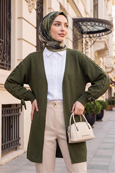 Modamorfo Kolu Hair Braided Casual Knitwear Cardigan -Khaki
