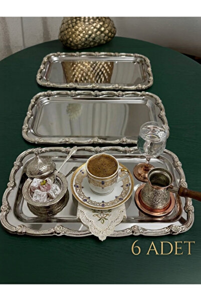Elzemm store PASLANMAZ ÇELİK 6 ADET BÜYÜK BATON GÜMÜŞ ÇERÇEVELİ SUNUM TEPSİSİ