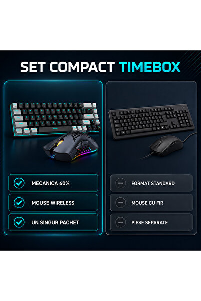 Timebox Pachet Gaming: Tastatură mecanică 60% (comutator roșu) + Mouse de gaming wireless RGB