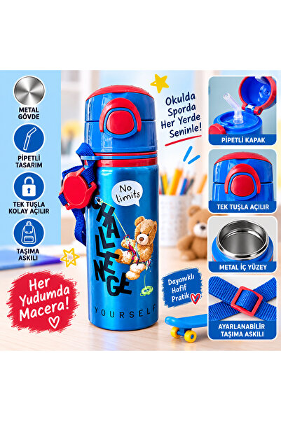 Miro Toys Children's Bear Tedy Themed Thermos 500 ml Metal Straw Straw Bottle...