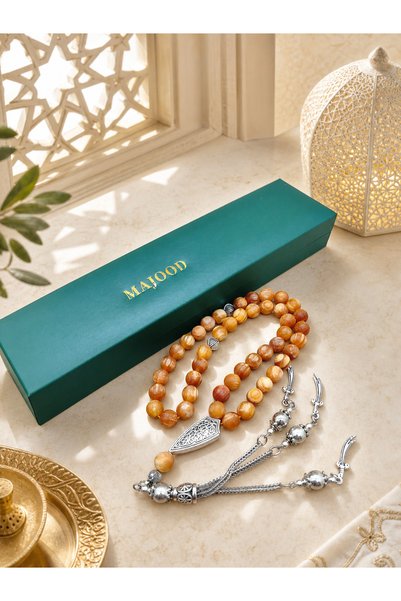 MAJOOD 45 سبحة صلاة من خشب العنبر الطبيعي بالكامل/ تسبيح/ 8 مم/ للرجال والنساء/ هدية رمضانية مثالية