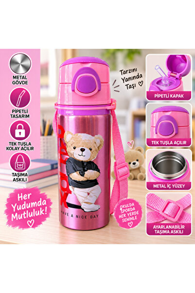 Miro Toys Children's Bear Tedy Themed Thermos 500 ml Metal Straw Leak-Proof S...