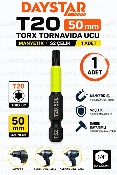 ellante T20 Torx Tornavida Ucu 50 mm Manyetik S2 Çelik 1/4" Hex Vidalama Ucu ...