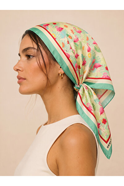 Sehlen Kadın Mini Tropik Desenli Saten Fular Bandana 56x56 cm - Canlı Yeşil