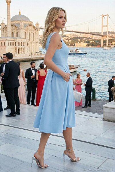 Lela Regular Fit Crew Neck Pocketed Pleated Midi Length Evening Dress and Gra...