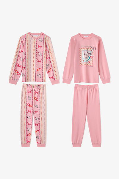 Penti Kız Çocuk Pembe Snailmail Cuties Pamuklu Uzun Kollu 2'li Pijama Takımı