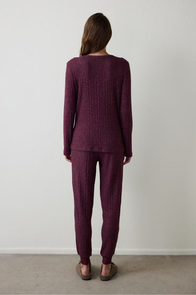 Penti Set de pijamale cu efect termic cu mâneci lungi, cu decolteu în V, Burgundy Cozy Time