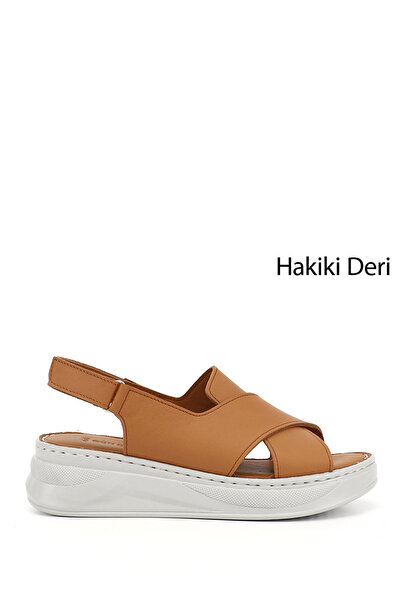 GÖNDERİ(R) Kadın Taba Cırt Bantlı Dolgu Topuk Hakiki Deri Comfort Sandalet