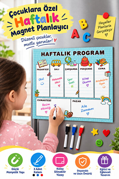 Dünya Magnet Çocuklara Özel Haftalık Magnet Planlayıcı Yazı Tahtası + 3 Adet ...