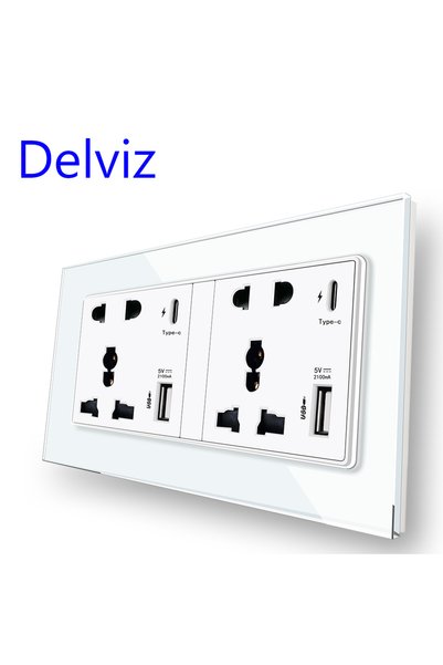 Choice 110-250V White Delviz Type C Wall USB Socket, Crystal glass panel,2A U...