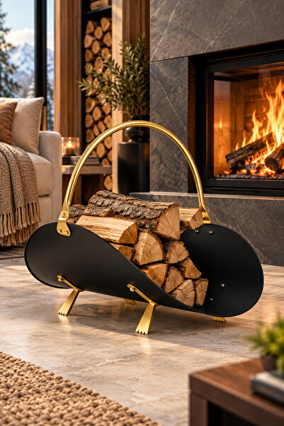 SOMINECO Metal Saplı Şömine Gold Oval Odunluk Sepeti – 48 × 34 × 35 cm Firewo...