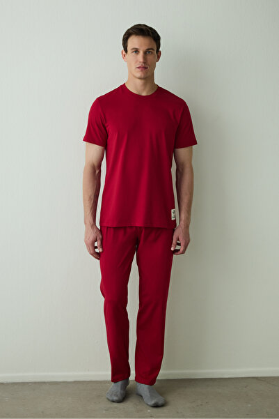 Penti Burgundy Men's Slogan Printed Short Sleeve Cotton Pajama Set