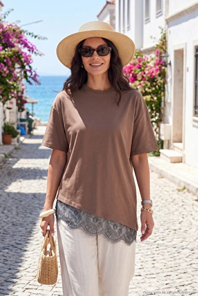 Lela Cotton Contrast Lace Paneled Loose Crew Neck t Shirt Women's t Shirt 586...