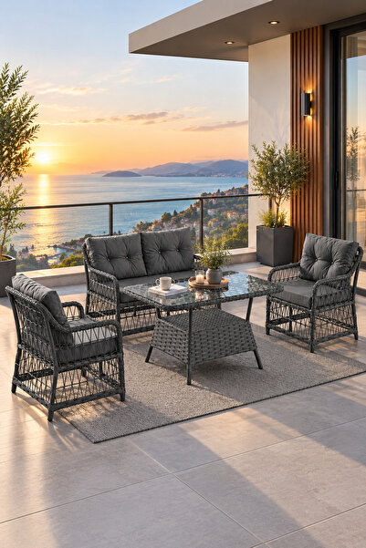 Evdemo Breda Rattan Örgü Bahçe Balkon Takımı 2+1+1 Cam Masalı Antrasit